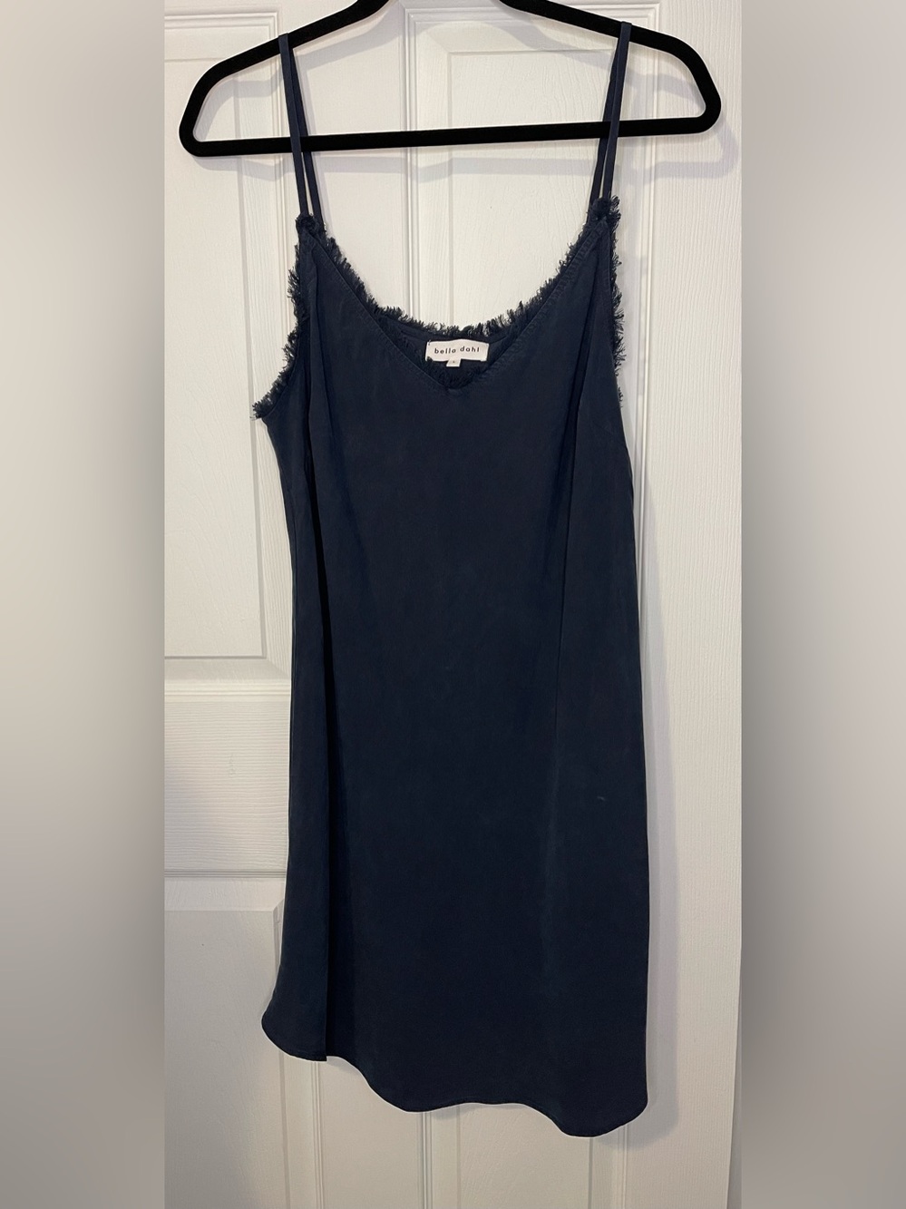 BELLA DAHL Navy Spaghetti Strap Slip Summer Frayed Trim Dress Women’s Size L